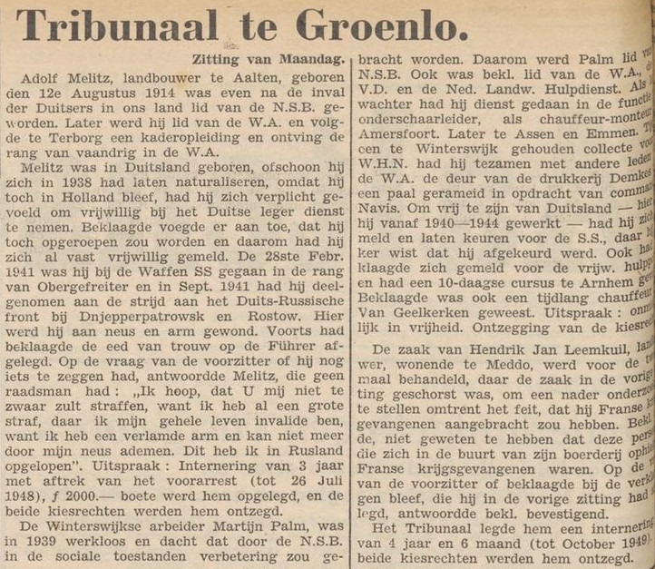 Adolf Melitz, NSB - Aaltensche Courant, 18-07-1947