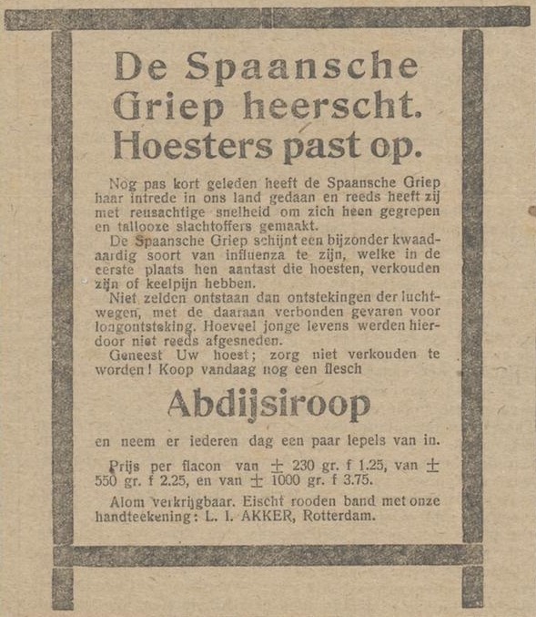 Abdijsiroop tegen Spaansche Griep - De Graafschapper, 27-12-1918