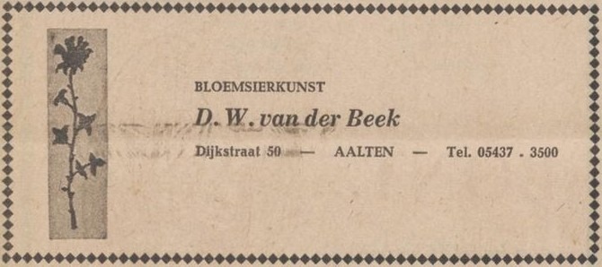 Dijkstraat 50, Aalten (Bloemsierkunst D.W. van der Beek) - Nieuwe Winterswijksche Courant, 25-11-1970