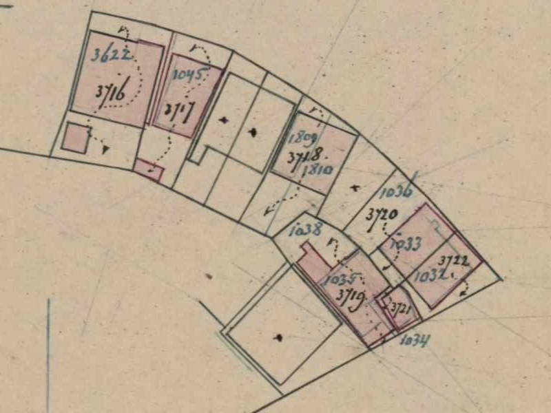Hoek Bredevoortsestraatweg-Prinsenstraat, Aalten (Smederij Buesink) - Fragment kadastrale kaart, 1882