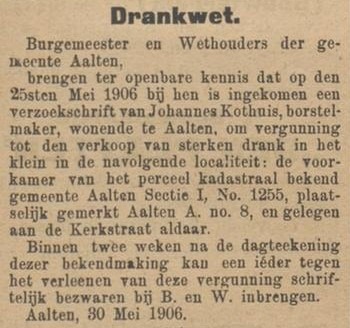 Kothuis, drankvergunning - Aaltensche Courant, 02-06-1906