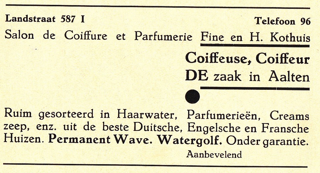 Landstraat 6, Aalten - Advertentie Salon de Coiffure, VVV-gids jaren 30