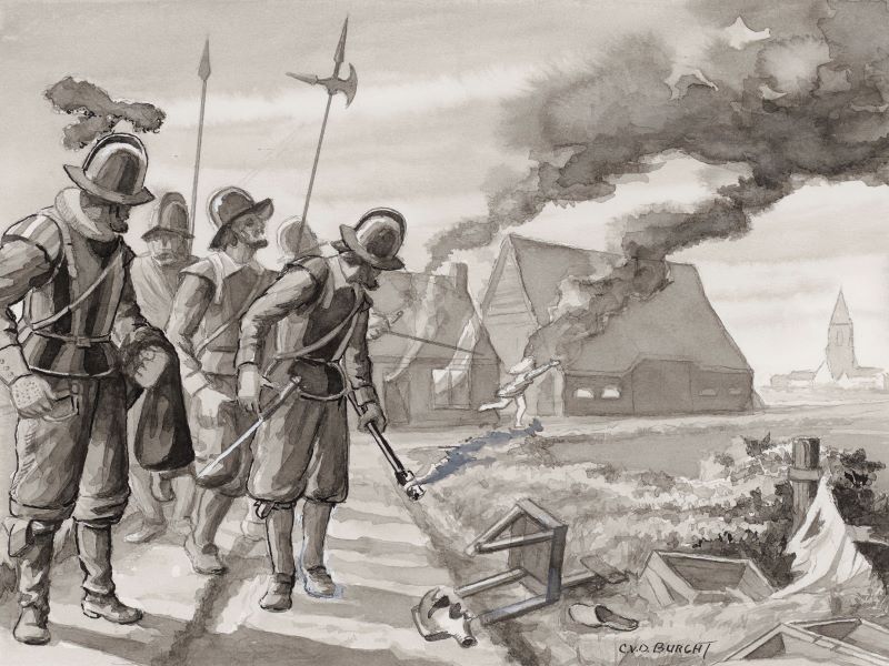 Plundering, brandschatting en verkrachting door Spaanse soldaten, door C. van der Burght