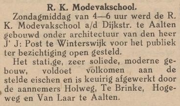 R.K. Modevakschool, Aalten - Nieuwe Winterswijksche Courant, 11-09-1928