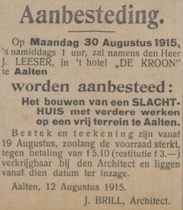 Slachthuis Leeser Aalten, aanbesteding, architect J. Brill - De Graafschapper, 13-08-1915