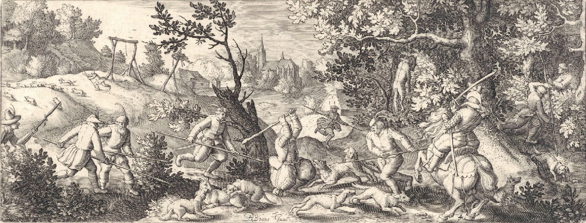 Wolvenjacht, 16de-eeuwse prent door Etienne Delaune, Rijksmuseum Amsterdam