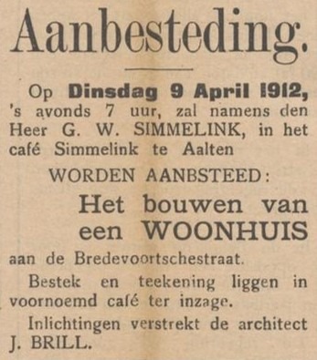 Aanbesteding bouwen woonhuis G.W. Simmelink, architect J. Brill - Aaltensche Courant, 03-04-1912