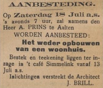 Aanbesteding woonhuis A. Prins, architect J. Brill - Aaltensche Courant, 11-07-1914