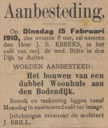 Dubbel woonhuis Bodendijk, architect J. Brill - Aaltensche Courant, 05-02-1910
