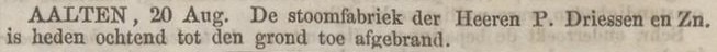 Steam factory P. Driessen burned down, Aalten - Algemeen Handelsblad, 22 August 1859