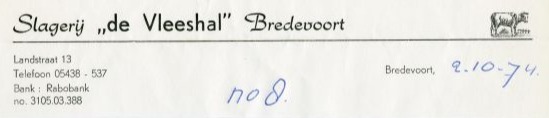 Bredevoort, Landstraat 13 - Briefhoofd Slagerij 'de Vleeshal' (1974)