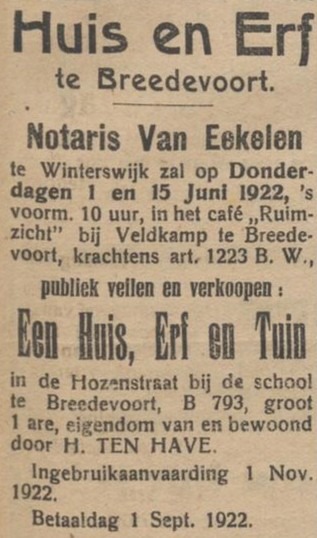 Hozenstraat 22, Bredevoort (Ten Have) - Aaltensche Courant, 19-05-1922