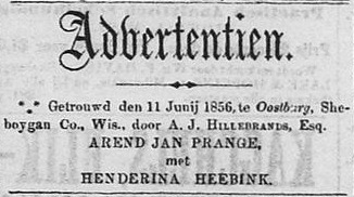Sheboygan Nieuwsbode, 24 June 1856 - Arend Jan Prange &amp; Henderina Heebink