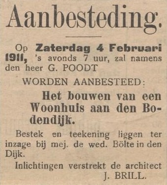 Aanbesteding woonhuis Bodendijk, architect J. Brill - Aaltensche Courant, 04-02-1911