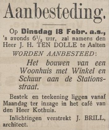 Aanbesteding woonhuis-winkel Ten Dolle, architect J. Brill - Aaltensche Courant, 08-02-1913