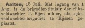 Rijksveldwachter Bijen overgeplaatst - Zutphensche Courant, 16-07-1913