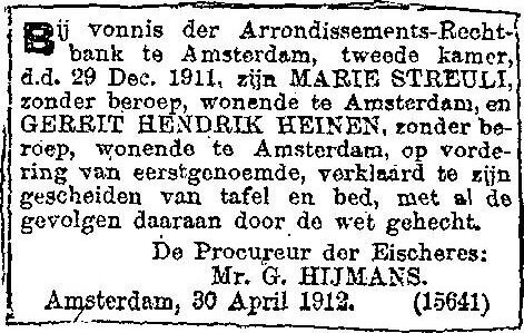 Gerrit Hendrik Heinen, Marie Streuli - Scheiding, 29-12-1911