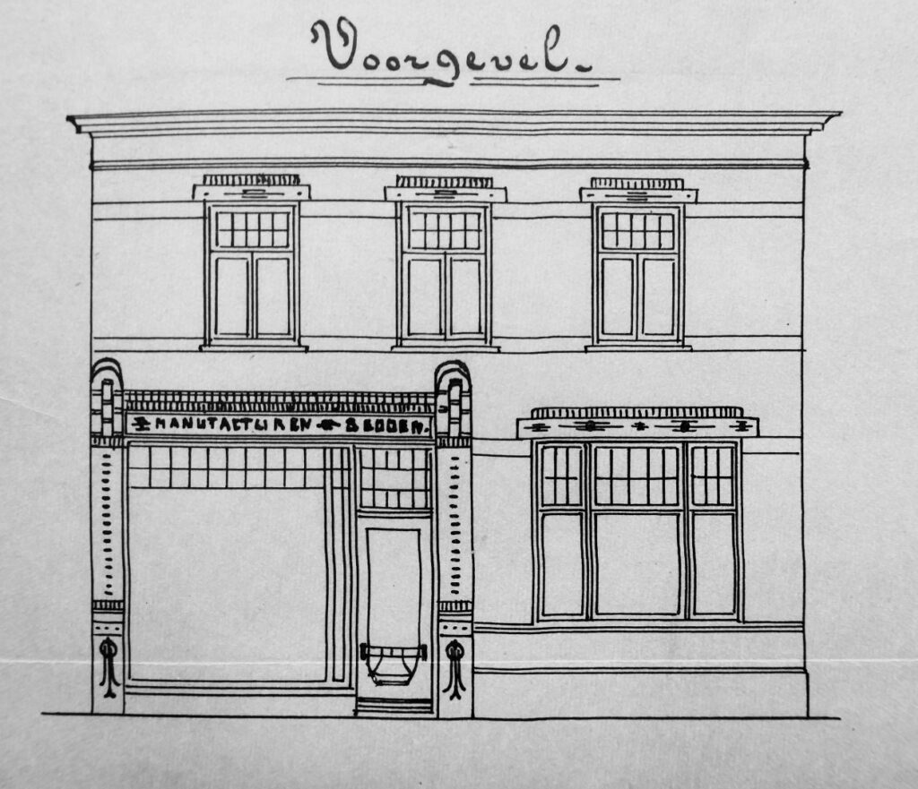 Front elevation of Leerink Manufacturen & Bedden, by architect Jan Brill (1910)