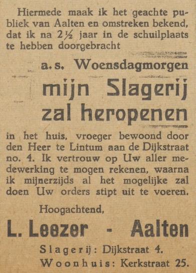 Kerkstraat 25, Aalten (Slagerij Leezer) - Aaltensche Courant, 04-05-1945
