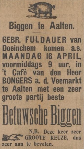 Café Bongers, Aalten (Gebr. Fuldauer, biggen) - Aaltensche Courant, 13-04-1917