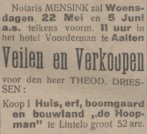 Hoopman, Lintelo - De Graafschapper, 10-05-1918