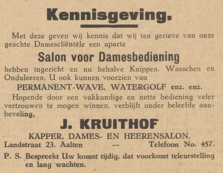 Landstraat 23, Aalten (Kapper Kruithof) - Aaltensche Courant, 15-10-1940
