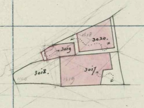Hoek Bredevoortsestraatweg-Haartsestraat, Aalten - Fragment kadastrale kaart. 1871