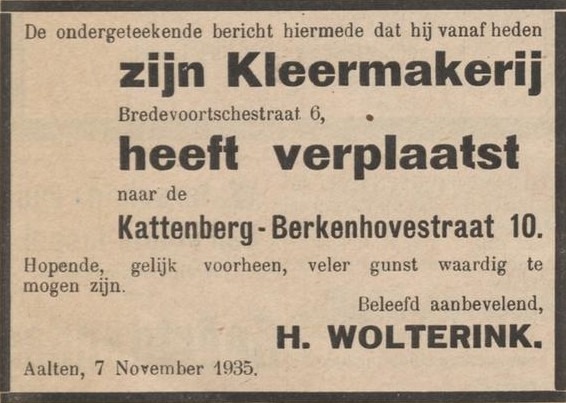 Kleermaker Wolterink, Aalten - De Graafschapper, 08-11-1935