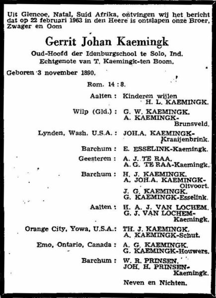 Overlijdensadvertentie Gerrit Johan Kaemingk (1890-1963)