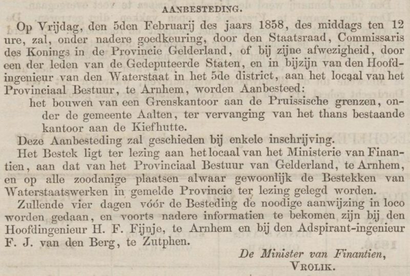 Tender for Aalten border office – Staatscourant, 9 January 1858