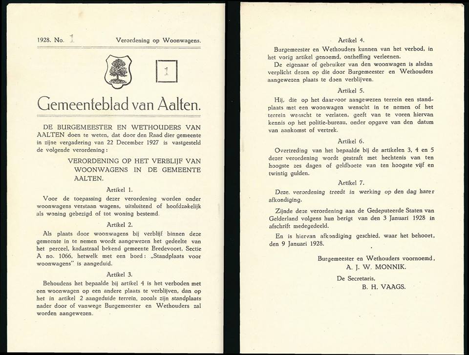 Ordinance of 22 Dec 1927 regarding the designation of a site for caravans in Bredevoort