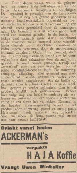 Ackerman & Kamphuis coffee roastery - Aaltensche Courant, 25-05-1934