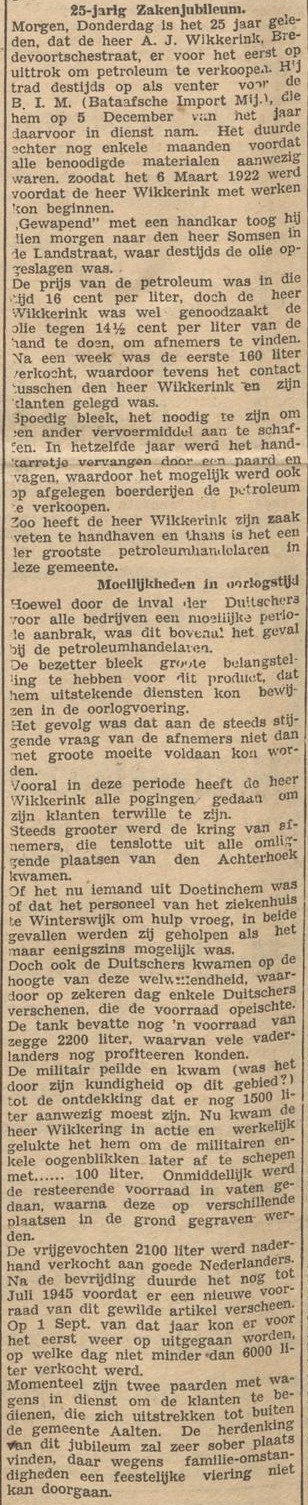 Wikkerink, 25-jarig jubileum - De Graafschapper, 05-03-1947