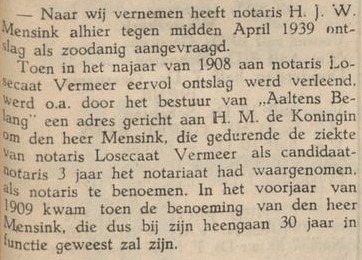 Notaris Mensink ontslag - Aaltensche Courant, 25-11-1938