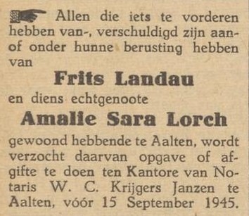 Frits & Amalia Landau - Aaltensche Courant, 28-08-1945
