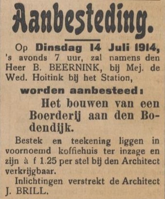 Aanbesteding boerderij Bodendijk, architect J. Brill - Aaltensche Courant, 11-07-1914