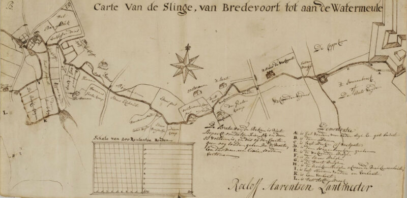 Carte van de Slinge – from Bredevoort to the watermill, 1758