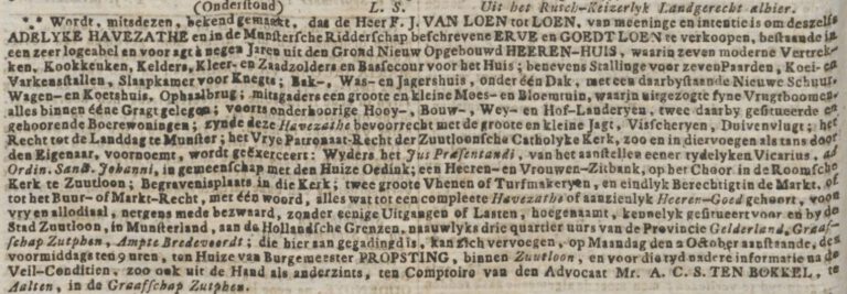 Sale of Lohn House – Rotterdamse Courant, 12 September 1797