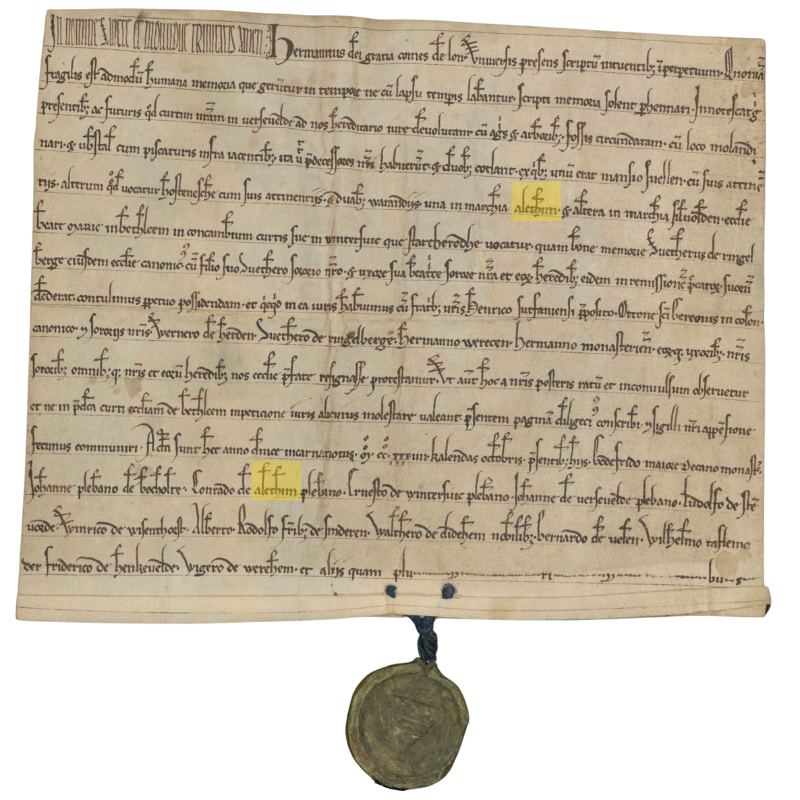 Akte uit 1234, waarin Aalten tweemaal wordt vermeld als 'Alethim'