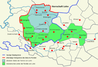 De heerlijkheid Lohn rond 1250, voordat het gebied in 1316 uiteenviel – © Günter Seggebäing, CC BY-SA 3.0