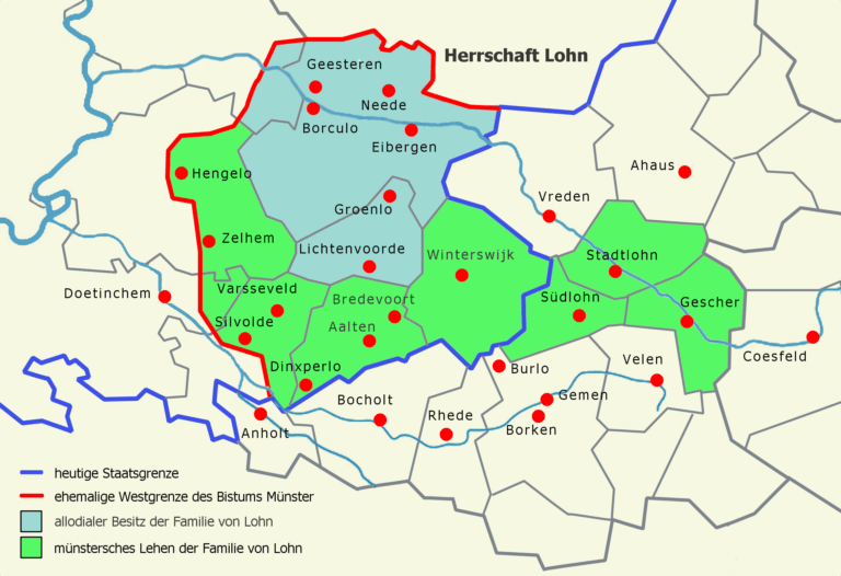 De heerlijkheid Lohn rond 1250, voordat het gebied in 1316 uiteenviel – © Günter Seggebäing, CC BY-SA 3.0