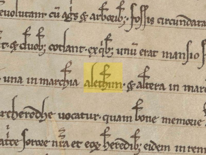 Fragment akte uit 1234, waarin Aalten wordt vermeld als ‘Alethim’