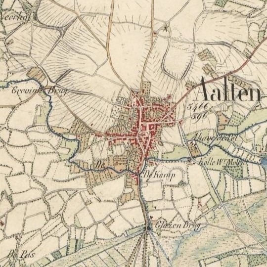 Het dorp Aalten, gelegen op een heuvel aan de Slingebeek (topografische kaart uit 1845)