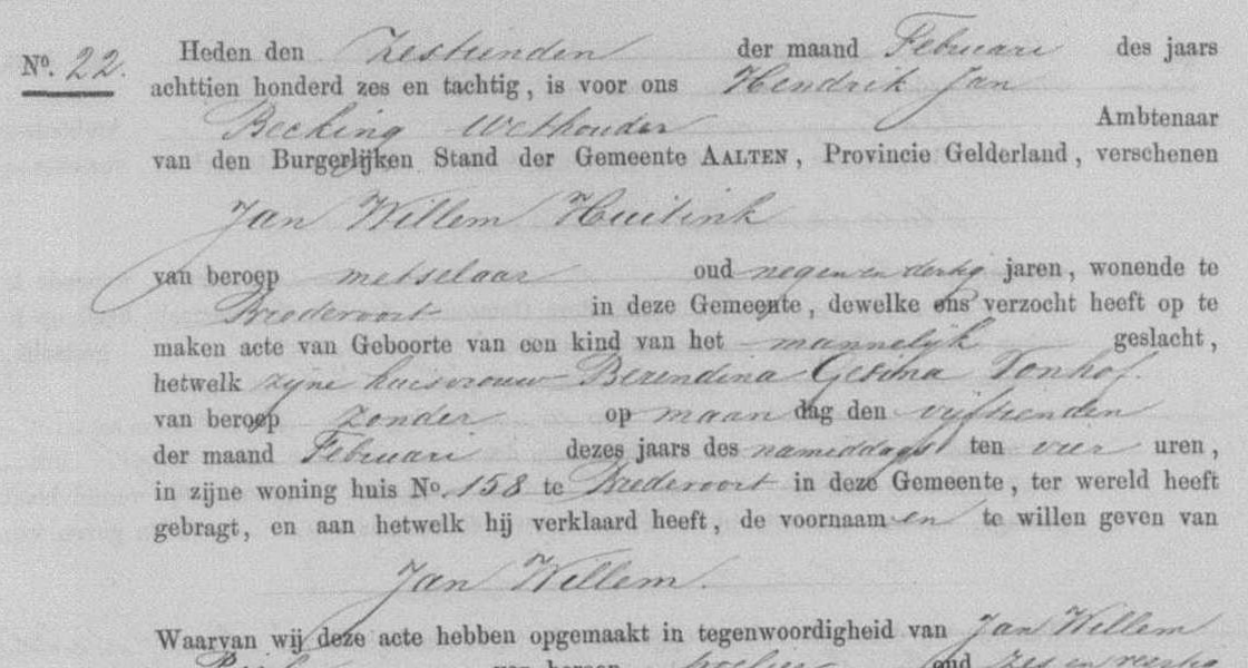 Geboorteakte Jan Willem Huitink, 1886