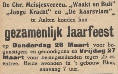 Jaarfeest Chr. Meisjesvereningen Waakt en Bidt, Jonge Kracht & De Kaarsvlam, Aalten - Aaltensche Courant, 24-03-1936