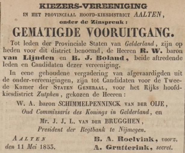Hoofd-kiesdistrict Aalten - Zutphensche Courant, 14-05-1853