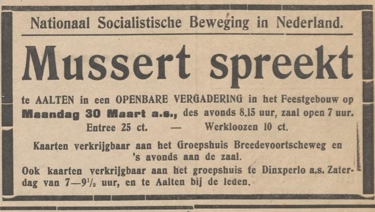 Mussert spreekt in Aalten - Aaltensche Courant, 27-03-1936