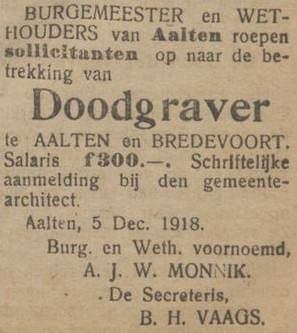 Doodgraver, Aalten & Bredevoort - De Graafschapper, 06-12-1918
