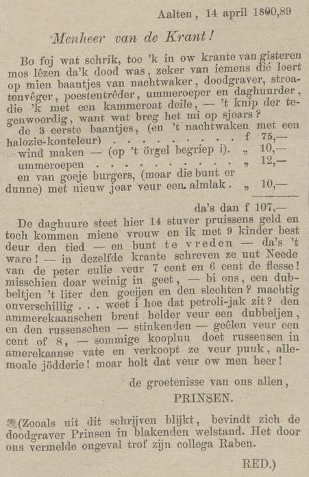 Doodgraver Prinsen leeft nog - Zutphensche Courant, 16-04-1889