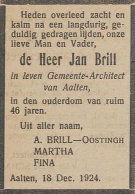Overlijdensadvertentie Jan Brill (1878–1924), Gemeente-Architect Aalten - De Graafschapper, 19-12-1924